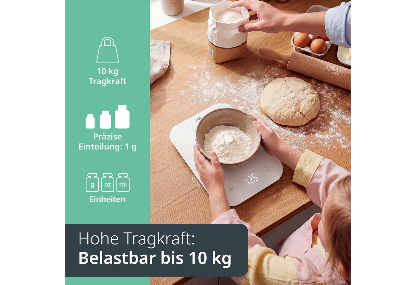 ADE Küchenwaage Digital, aufladbar per USB-C, bis 10 kg auf 1 g genau, aus Glas, Digitalwaage mit Tara-Funktion, beleuchtete Anzeige, in g, ml & oz Bild 3