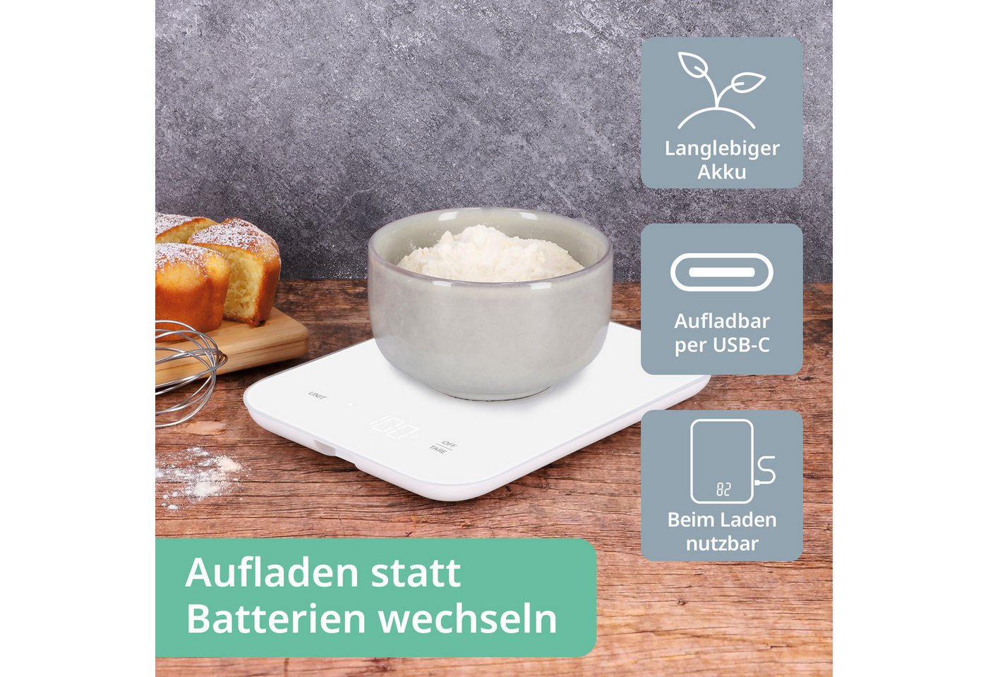 ADE Küchenwaage Digital, aufladbar per USB-C, bis 10 kg auf 1 g genau, aus Glas, Digitalwaage mit Tara-Funktion, beleuchtete Anzeige, in g, ml & oz Bild 4
