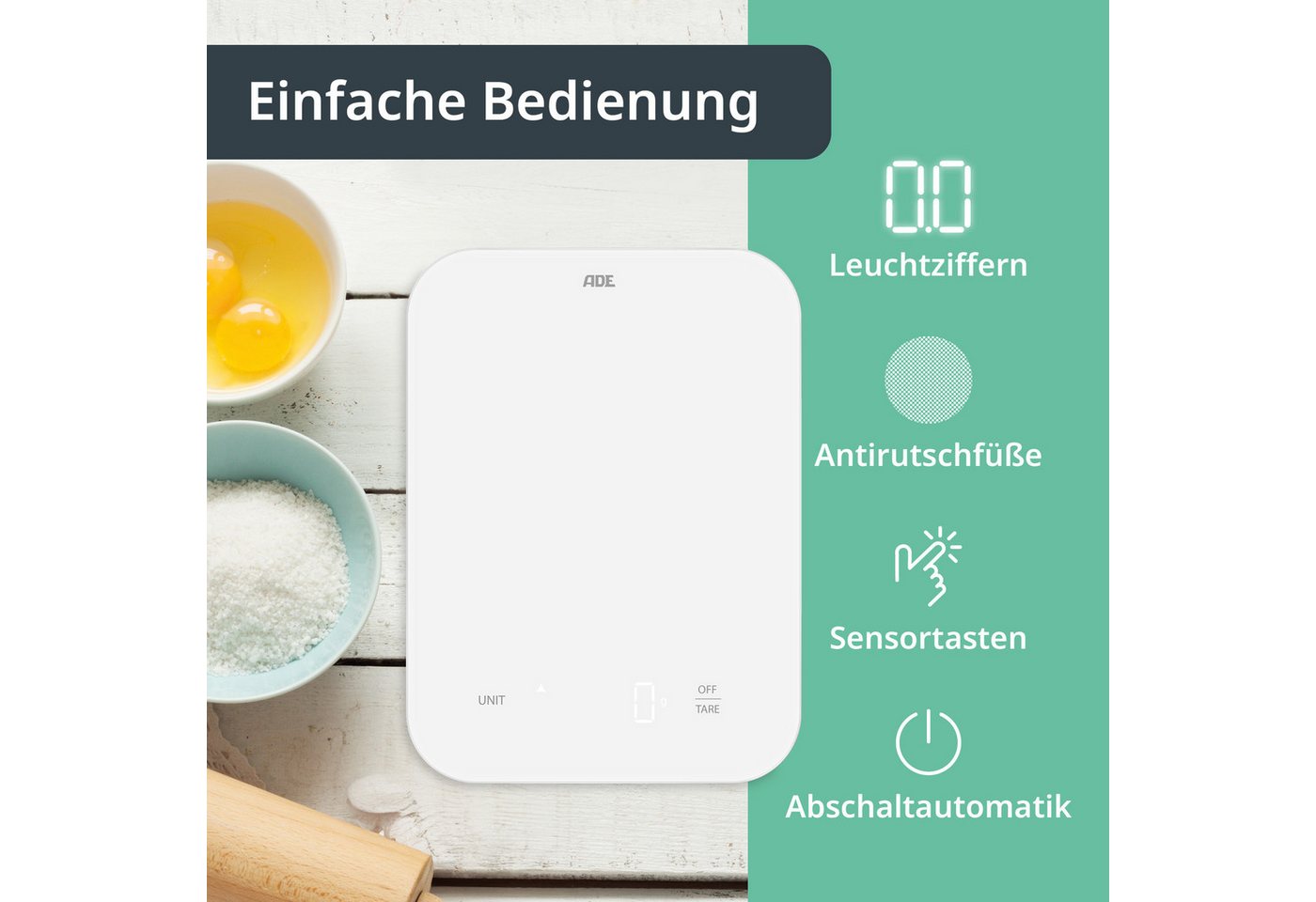 ADE Küchenwaage Digital, aufladbar per USB-C, bis 10 kg auf 1 g genau, aus Glas, Digitalwaage mit Tara-Funktion, beleuchtete Anzeige, in g, ml & oz Bild 5