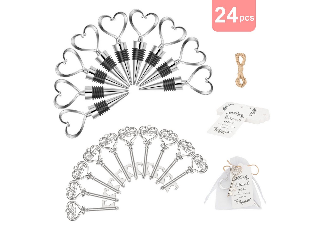 GarveeMore Geschenk-Tragetasche 24-teiliges Herz-Gastgeschenk-Set, Weinverschluss & Flaschenöffner, (24St), Vielseitig als Dekoration & persönliches Gastandenken