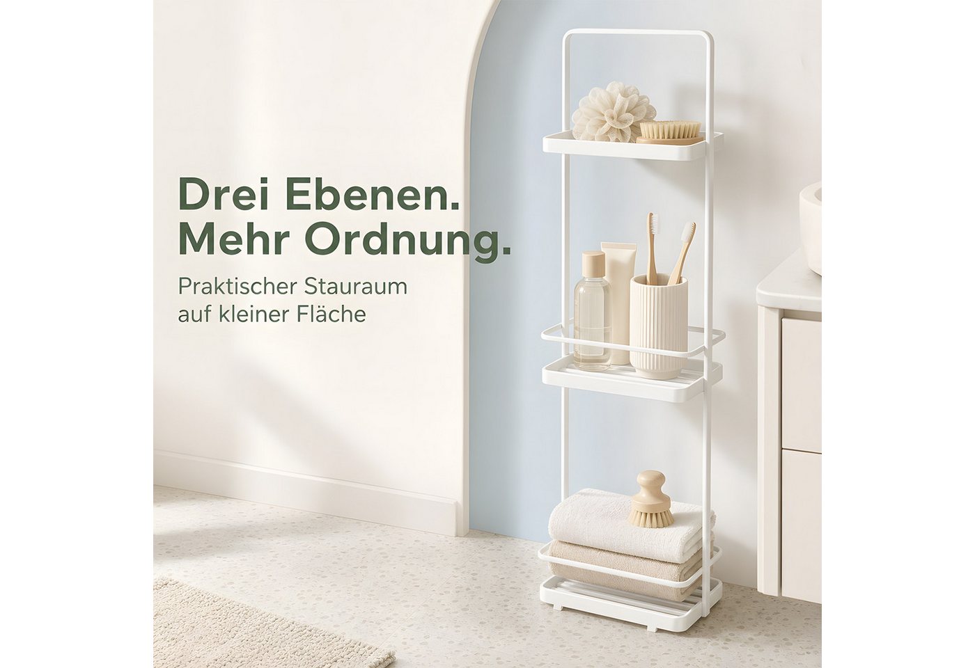 HEYHIPPO Duschablage Duschregal 3-stöckig, 67,5×12,5×18 cm, weiß, bis 6 kg, ohne Montage, Packung, Stehendes Duschregal, Eisen,Wasserableitung,für Shampoo & Handtücher