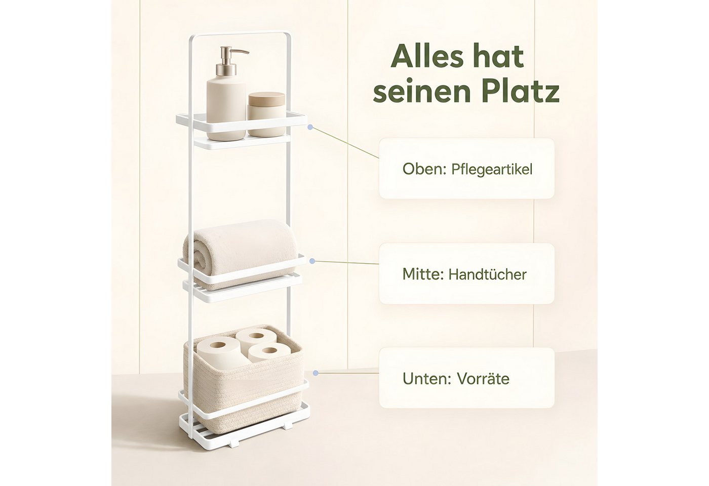 HEYHIPPO Duschablage Duschregal 3-stöckig, 67,5×12,5×18 cm, weiß, bis 6 kg, ohne Montage, Packung, Stehendes Duschregal, Eisen,Wasserableitung,für Shampoo & Handtücher Bild 2