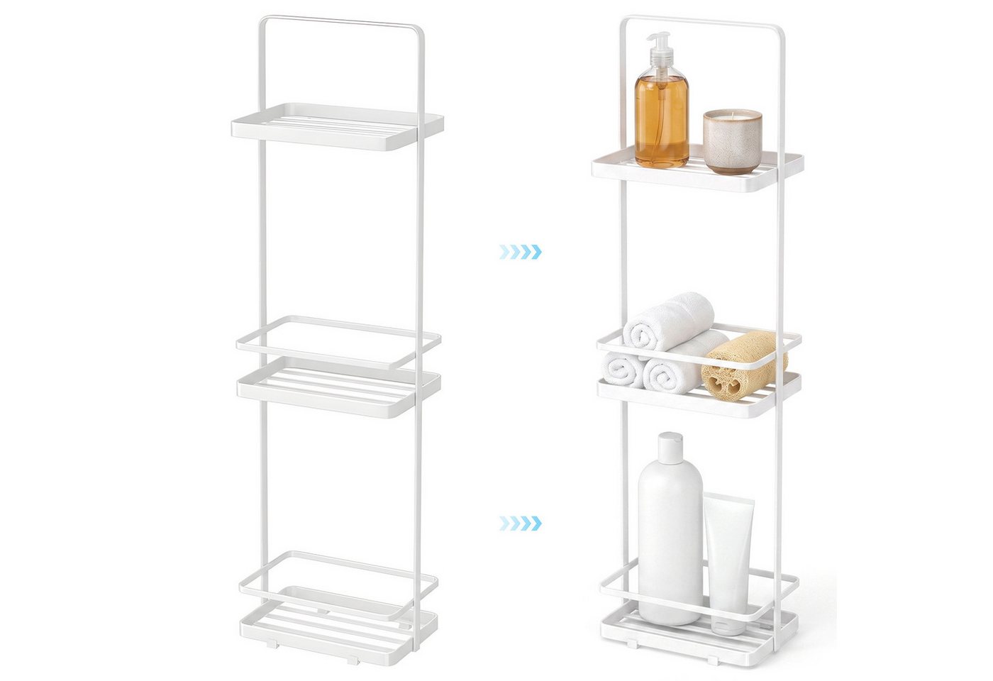 HEYHIPPO Duschablage Duschregal 3-stöckig, 67,5×12,5×18 cm, weiß, bis 6 kg, ohne Montage, Packung, Stehendes Duschregal, Eisen,Wasserableitung,für Shampoo & Handtücher Bild 3