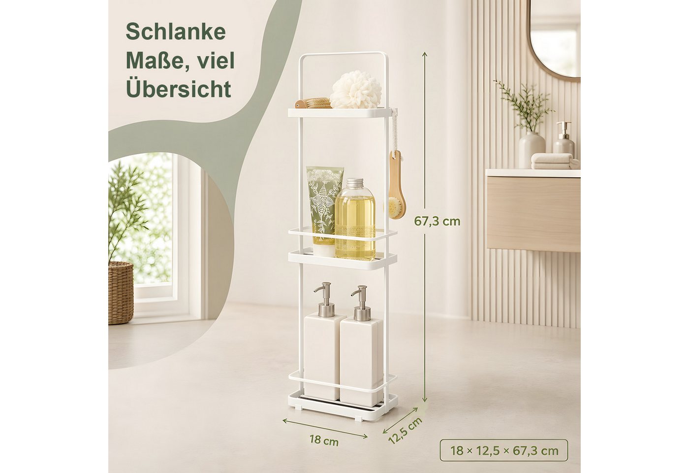 HEYHIPPO Duschablage Duschregal 3-stöckig, 67,5×12,5×18 cm, weiß, bis 6 kg, ohne Montage, Packung, Stehendes Duschregal, Eisen,Wasserableitung,für Shampoo & Handtücher Bild 4