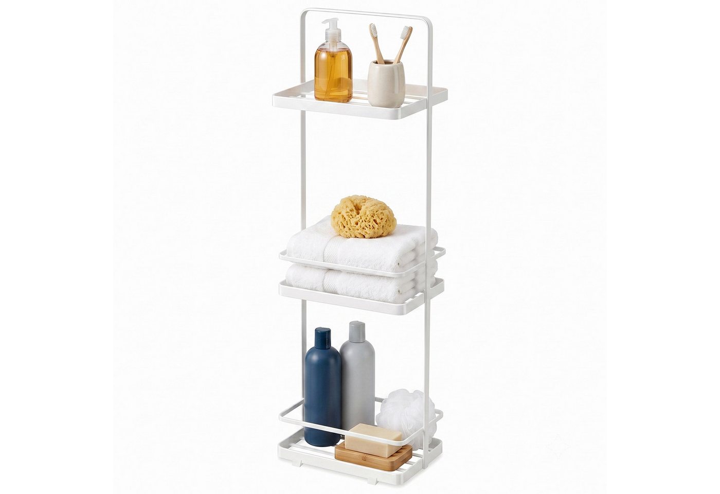 HEYHIPPO Duschablage Duschregal 3-stöckig, 67,5×12,5×18 cm, weiß, bis 6 kg, ohne Montage, Packung, Stehendes Duschregal, Eisen,Wasserableitung,für Shampoo & Handtücher Bild 5