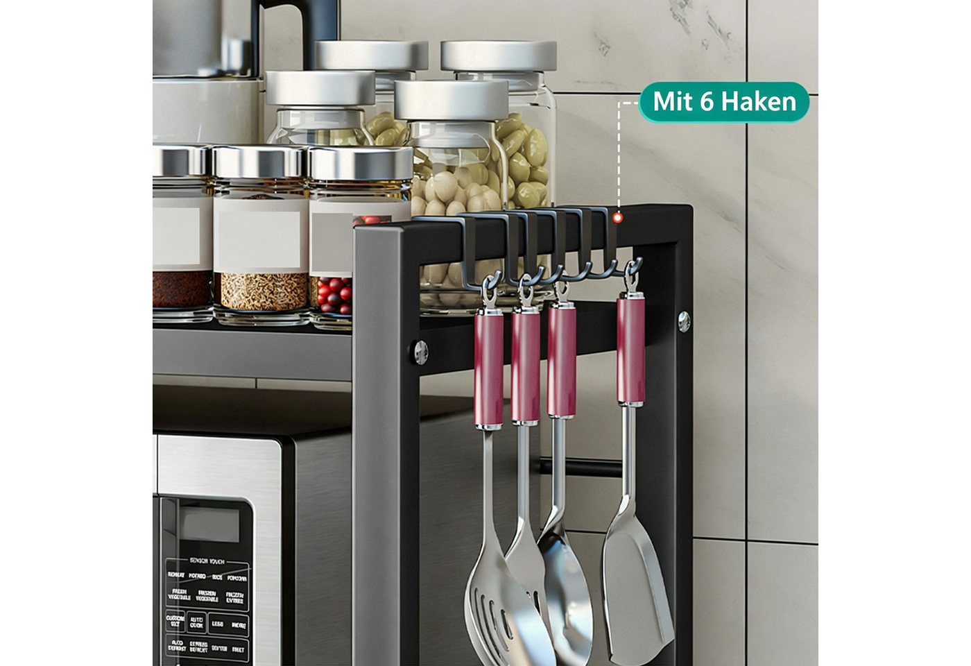 devesanter Küchenregal Dreistöckiges ausziehbares Mikrowellen-Regal, Verstellbar 40–64 cm, mit 6 Haken, Ablagegestell für Mikrowelle und Küchenutensilien