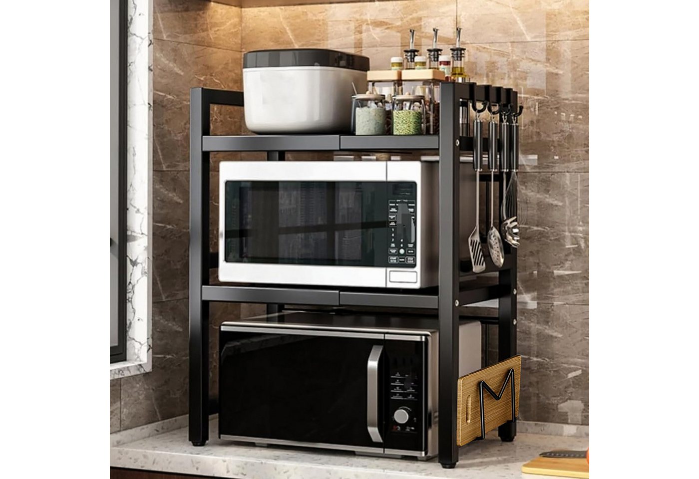 devesanter Küchenregal Dreistöckiges ausziehbares Mikrowellen-Regal, Verstellbar 40–64 cm, mit 6 Haken, Ablagegestell für Mikrowelle und Küchenutensilien Bild 2