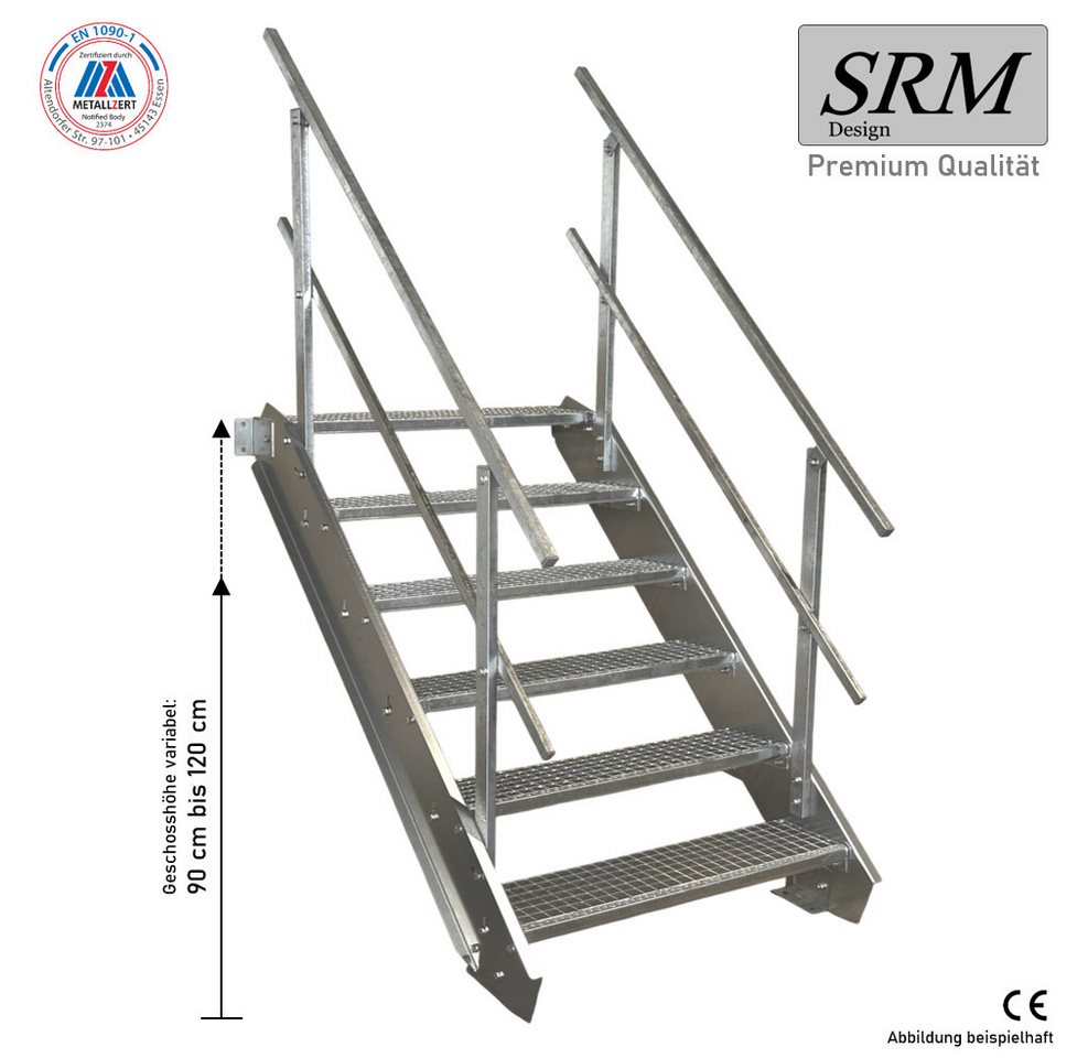 SRM Design Außentreppe 6 Stufen Stahltreppe 100cm Breite, Höhe 90-120cm, 2x Geländer Rund Bild 3