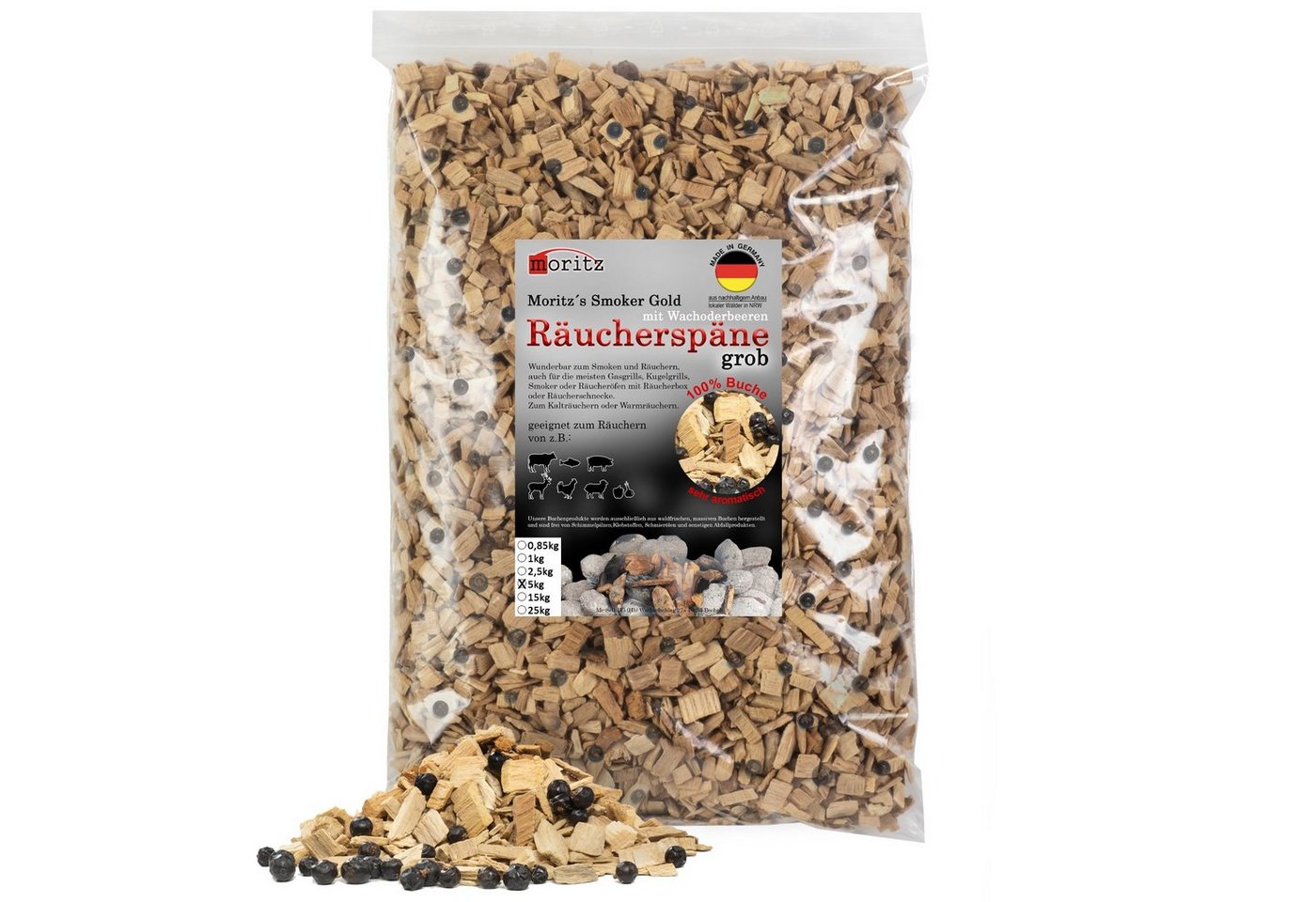 Moritz Räucherbox 5kg Räucherspäne Buche mit Wacholder grob 6 -12 mm zum smoken, räuchern/kalträuchern von Fleisch, Fisch, Gemüse geeignet Bild 2