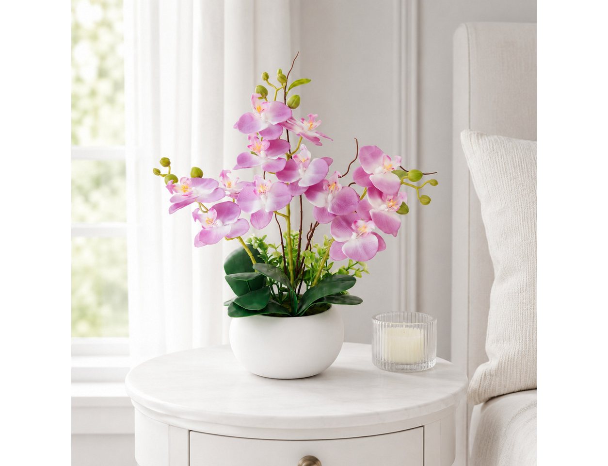 Kunstpflanze Künstliche Orchideen im Topf - Weiß Phalaenopsis Kunstblumen-Höhe 36cm Orchidee Phalenopsis, SURFOU, Höhe 38 cm, Dekorative Phalaenopsis mit Seidenblüten & Keramiktopf, Zimmerpflanzen Bild 3