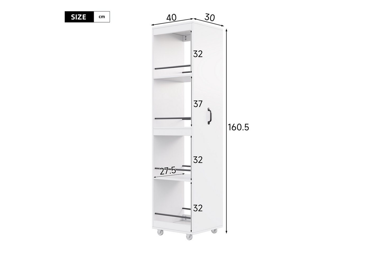 Merax Bücherregal Schmales Vitrine mit Rollen, mobiles Hochregal, 1-tlg., für Wohnzimmer, Büro, Küche und Badezimmer Bild 3