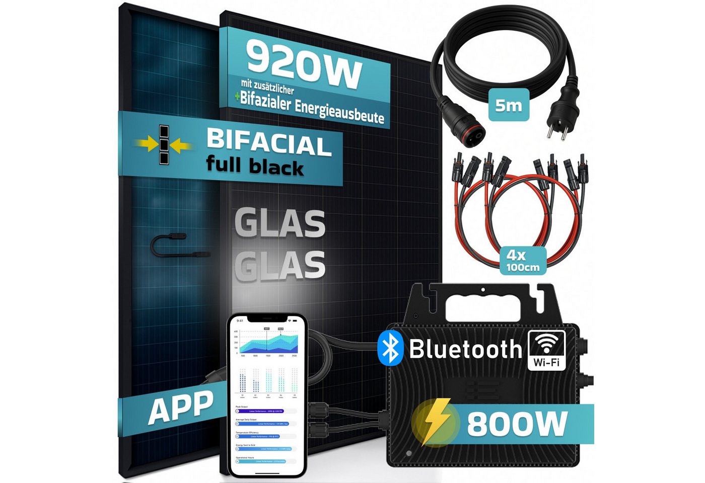 SUNNIVA Balkonkraftwerk 920W Balkonkraftwerk BIFAZIAL FULLBLACK komplett Steckdose, (INVER ENERGY 800W Wechselrichter, PV Solaranlage, 2x 460W Glas-Glas Solarmodule, inkl. 5m Kabel, Bluetooth WIFI, Komplettset) Bild 2