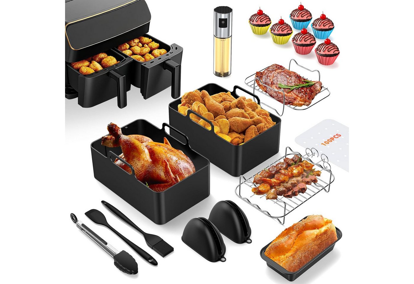 Vernatti Backform 18-tlg. Heißluftfritteusen-Zubehör Set für 7,6–9,5 l Airfryer, (8-teiliges Zubehörset für Heißluftfritteusen zum Backen und Grillen 18-tlg), 18-teilig, hitzebeständig, stapelbar, vielseitig einsetzbar