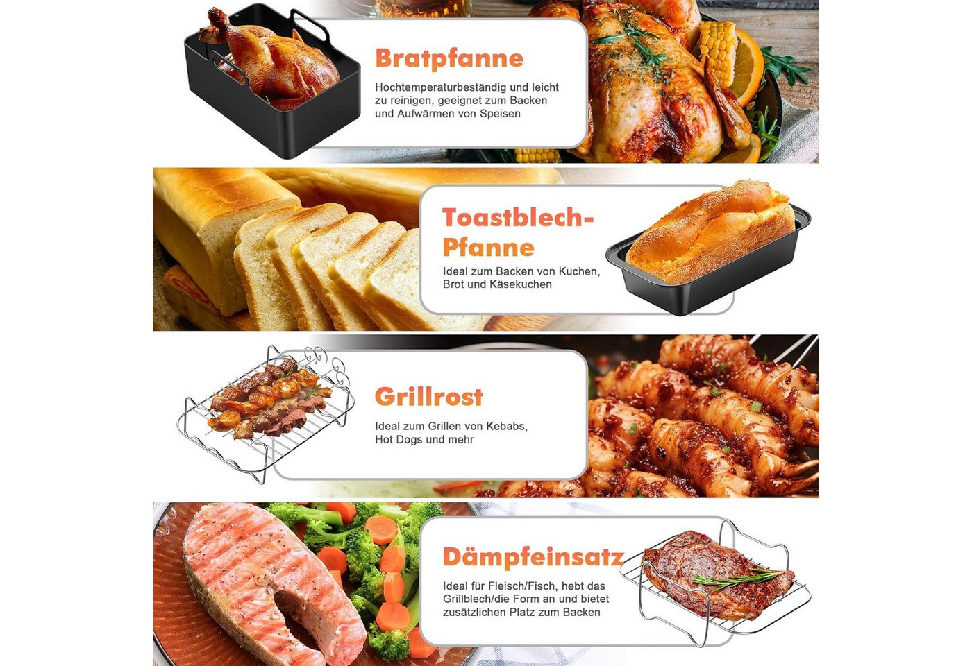 Vernatti Backform 18-tlg. Heißluftfritteusen-Zubehör Set für 7,6–9,5 l Airfryer, (8-teiliges Zubehörset für Heißluftfritteusen zum Backen und Grillen 18-tlg), 18-teilig, hitzebeständig, stapelbar, vielseitig einsetzbar Bild 2