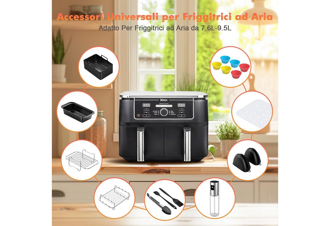 Vernatti Backform 18-tlg. Heißluftfritteusen-Zubehör Set für 7,6–9,5 l Airfryer, (8-teiliges Zubehörset für Heißluftfritteusen zum Backen und Grillen 18-tlg), 18-teilig, hitzebeständig, stapelbar, vielseitig einsetzbar Bild 4