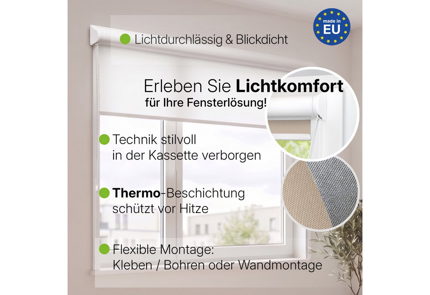 Rollo Premium Kassettenrollo mit Seitenschienen, DomDeco, blickdicht, ohne Bohren, durch Kleben oder Schrauben Bild 2