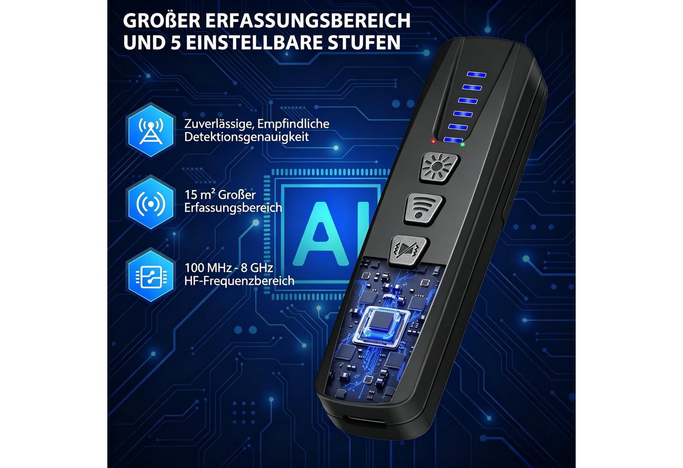 AIBISTAR Leitungsortungsgerät Bug Detector, Wanze-Finder, Kamera Aufspürgerät, GPS, 4 Modi, Erkennung von WLAN-Wanzen & Funkkameras, 2 Alarmmodi,Ideal für Reisen, Hotel, Büro & Alltag Bild 3