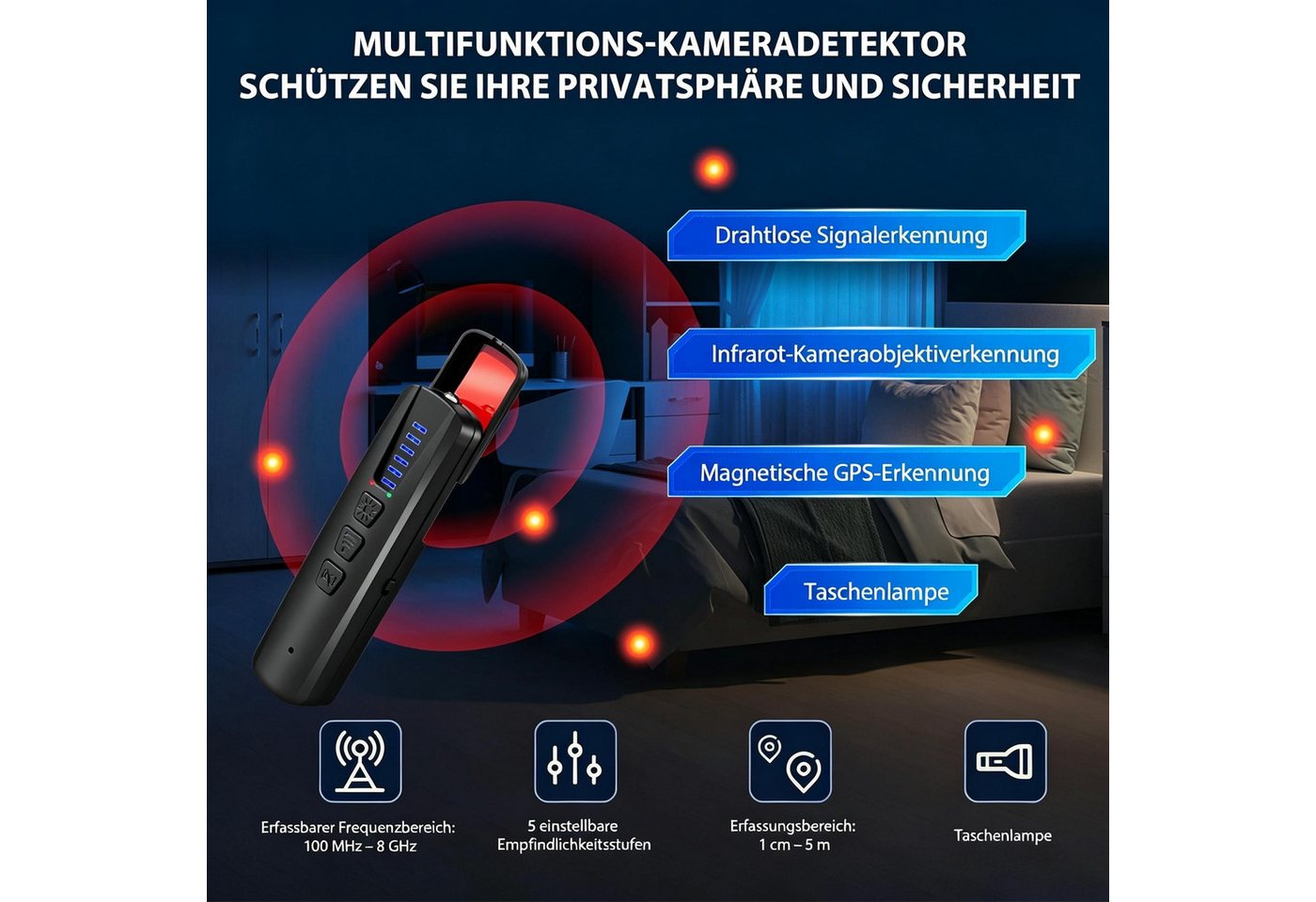 AIBISTAR Leitungsortungsgerät Bug Detector, Wanze-Finder, Kamera Aufspürgerät, GPS, 4 Modi, Erkennung von WLAN-Wanzen & Funkkameras, 2 Alarmmodi,Ideal für Reisen, Hotel, Büro & Alltag Bild 5