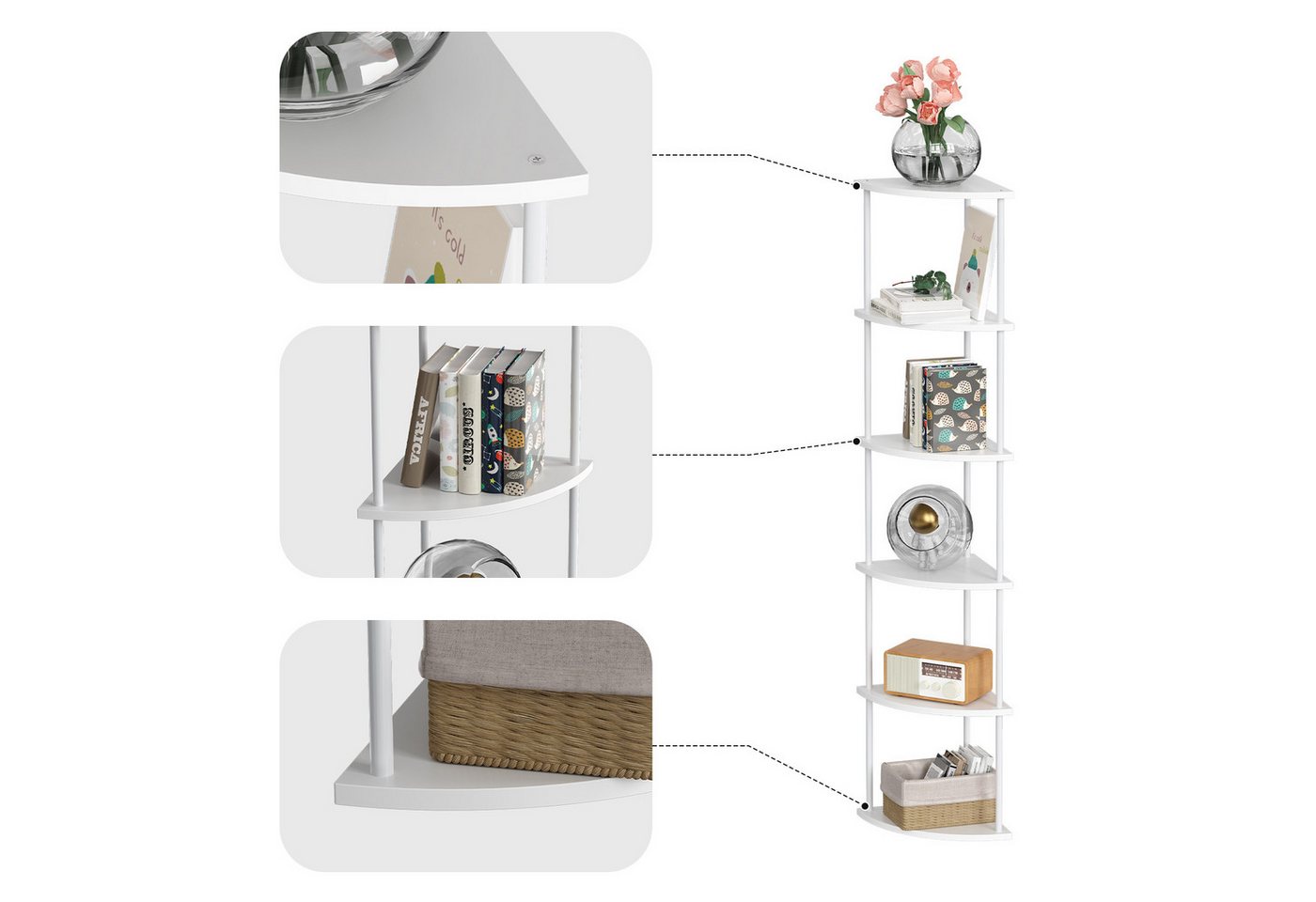 JEOBEST Eckregal Bücherregal mit 6 Ebenen, Aufbewahrungsregal, Pflanzenregal, H: 154cm, Industrial-Design, mit Stahlrahmen