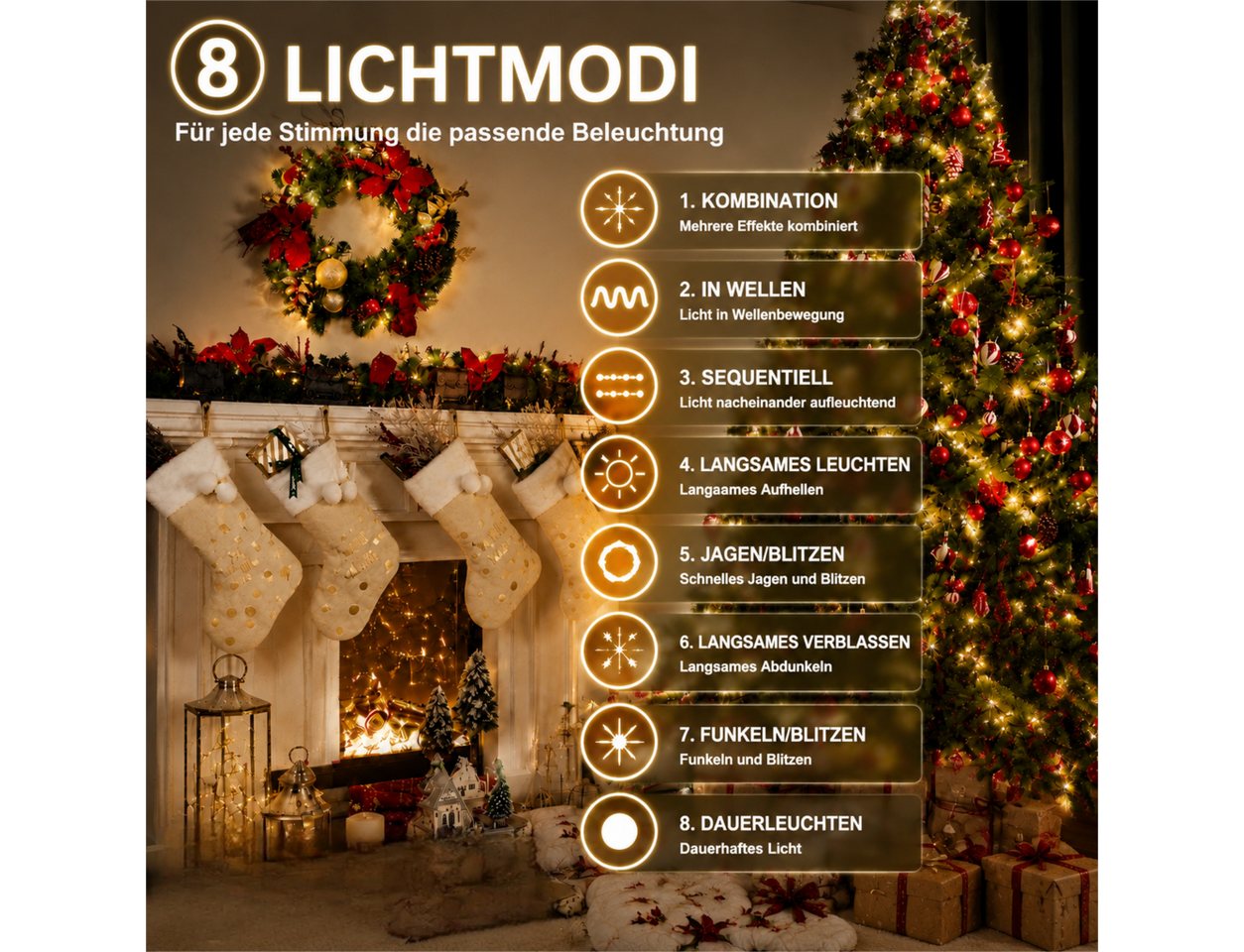 Fyrove LED-Lichterkette Außen 12m mit Stecker und Fernbedienung, 100 LEDs Warmweiß, 8 Lichtmodi, Gartenbeleuchtung für Terrasse, Party und Dekoration Bild 5