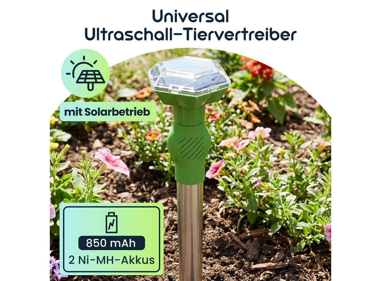 ISOTRONIC Ultraschall-Tierabwehr Solar Ultraschall-Tiervertreiber 40m², Akku-Tierschreck mit Erdspieß, 2-tlg., 1er/2er-Set, Mobiles Ultraschall-Abwehrgerät mit Solarzelle, 2 Akkus & Erdspieß Bild 2