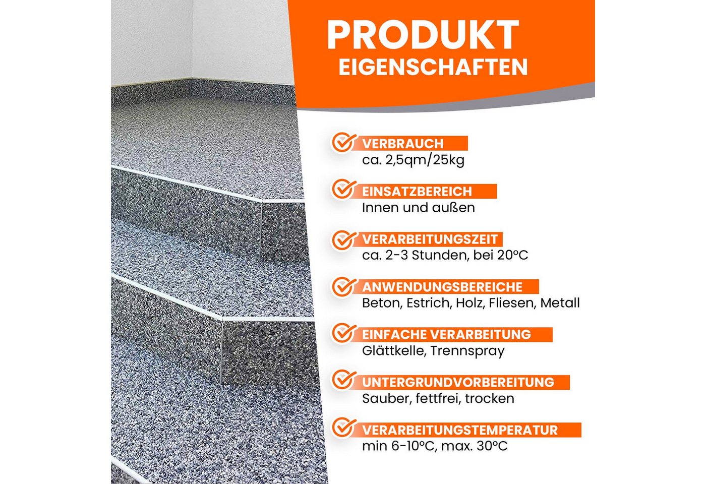 BEKATEQ Kieselsteine BK-610PU Steinteppich Set für Wand, (Set, 3kg 1K PU Bindemittel + 25kg Marmorkiesel + 400ml Trennspray), Steinteppich Set für Wand, Treppe Setzstufe, Sockel aussen & innen Bild 2