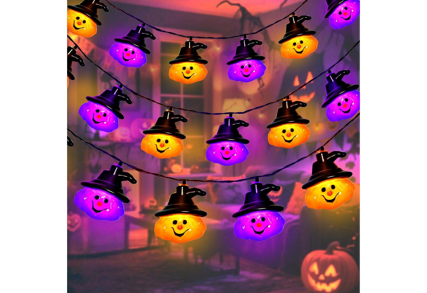 nsihing LED-Lichterkette Halloween Lichterkette 3M 20LED Kürbis Lichterkette Batterie, Halloween Deko Outdoor für Garten, Party Bild 4