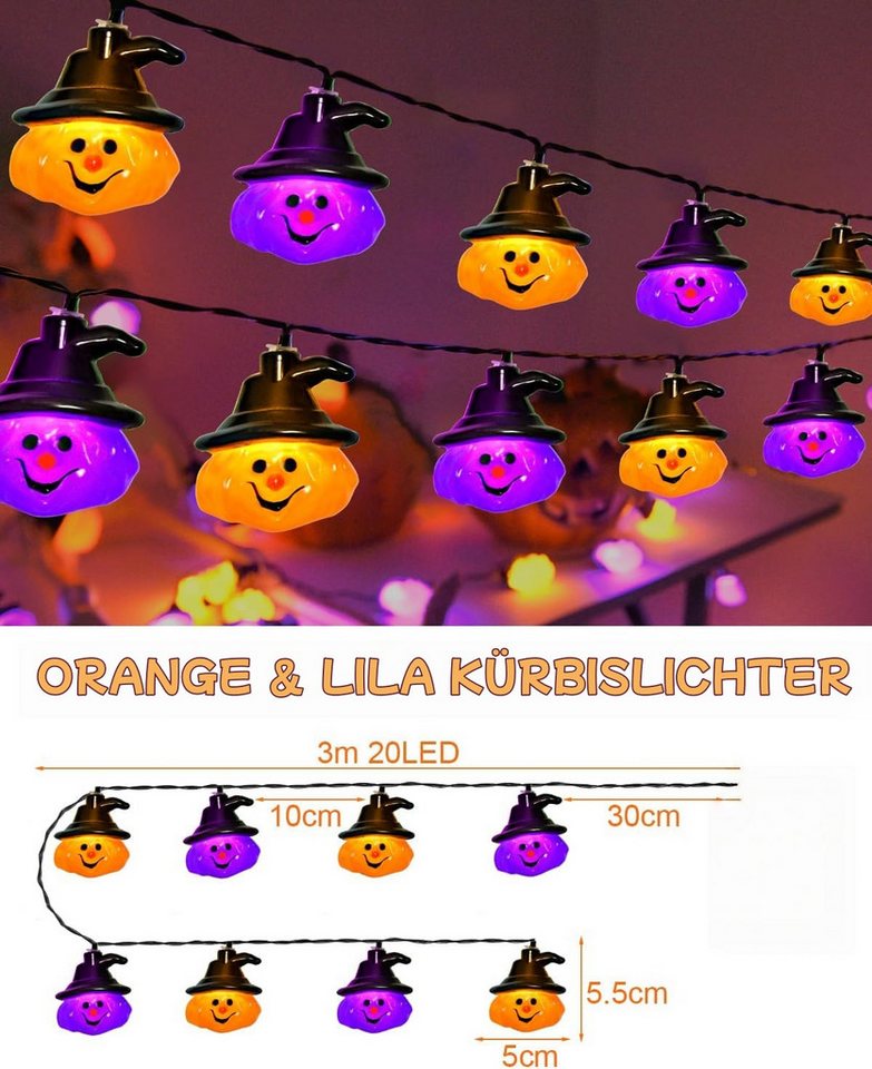 nsihing LED-Lichterkette Halloween Lichterkette 3M 20LED Kürbis Lichterkette Batterie, Halloween Deko Outdoor für Garten, Party Bild 5
