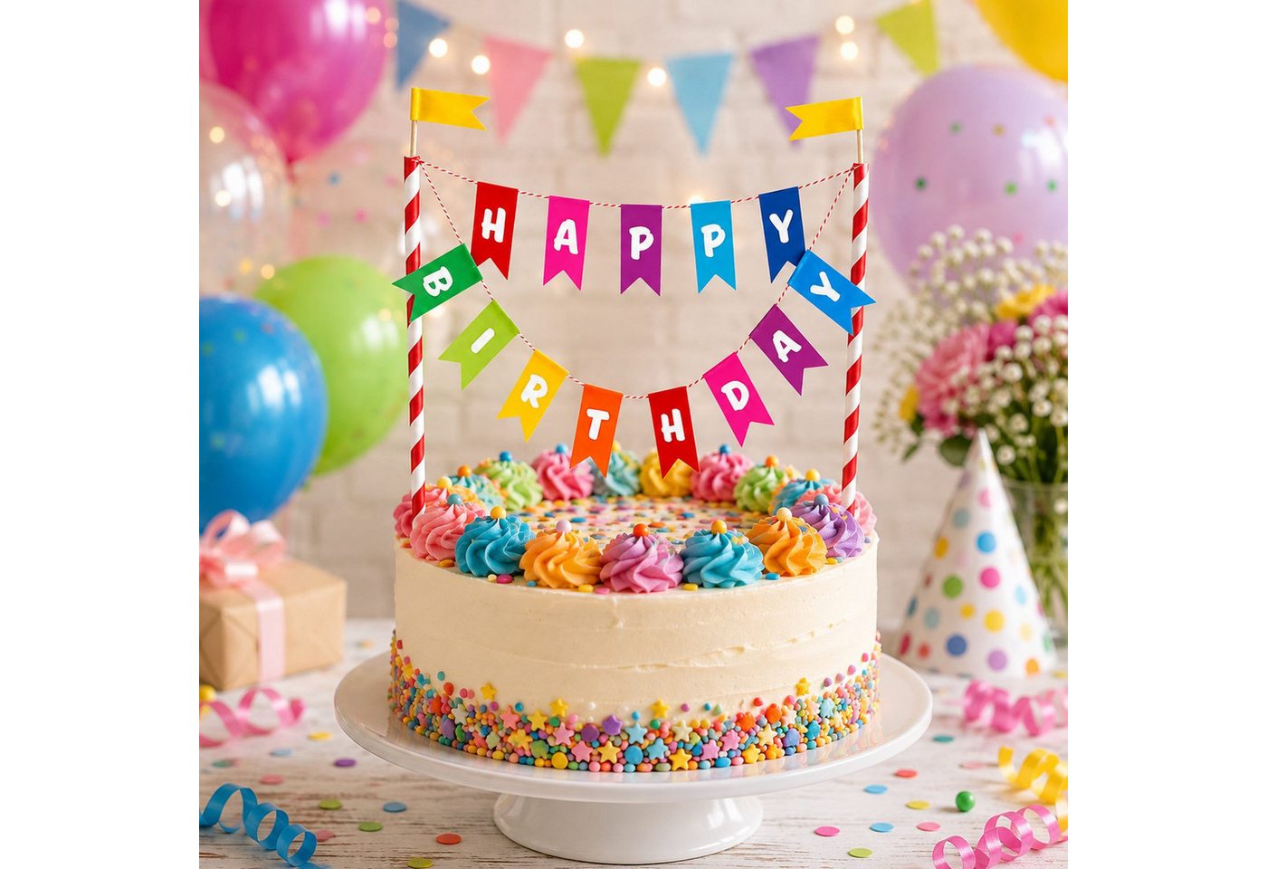 Unique Industries Inc. Papierdekoration Kuchen Deko 'Happy Birthday' Wimpelkette, Mehrfar