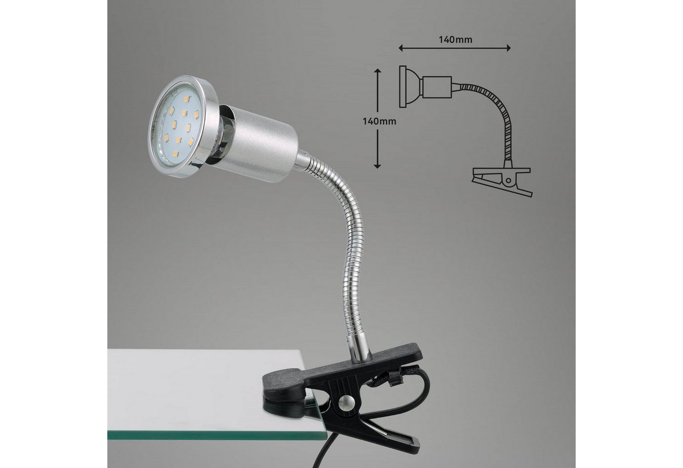 TRANGO LED Klemmleuchte, 2967 LED-Klemmleuchte, Tischlampe, Leseleuchte, Clip Lampe in Silber-Chrom-Optik Klemmspot, Nachtlicht, Schreibtischlampe inkl. 1x 3 Watt GU10, 3000K warmweiß LED-Leuchtmittel & Deko Chrom-Ring