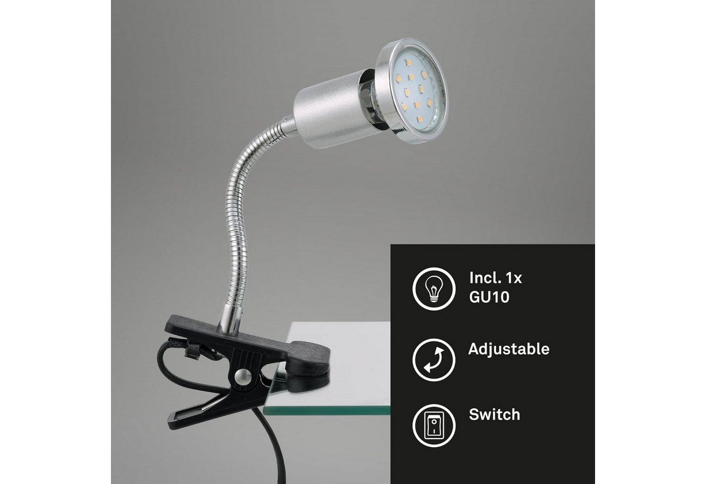 TRANGO LED Klemmleuchte, 2967 LED-Klemmleuchte, Tischlampe, Leseleuchte, Clip Lampe in Silber-Chrom-Optik Klemmspot, Nachtlicht, Schreibtischlampe inkl. 1x 3 Watt GU10, 3000K warmweiß LED-Leuchtmittel & Deko Chrom-Ring Bild 2