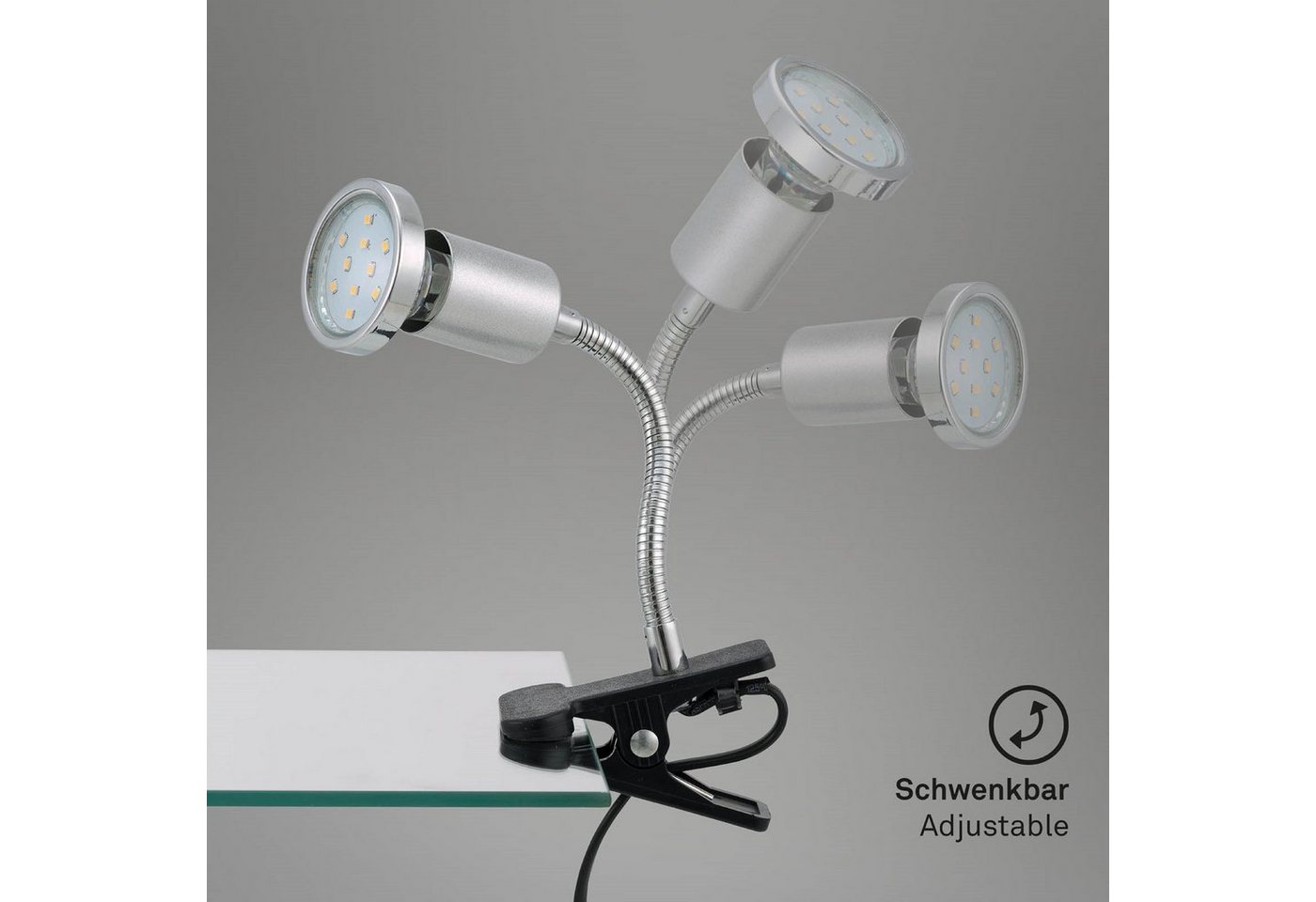 TRANGO LED Klemmleuchte, 2967 LED-Klemmleuchte, Tischlampe, Leseleuchte, Clip Lampe in Silber-Chrom-Optik Klemmspot, Nachtlicht, Schreibtischlampe inkl. 1x 3 Watt GU10, 3000K warmweiß LED-Leuchtmittel & Deko Chrom-Ring Bild 4