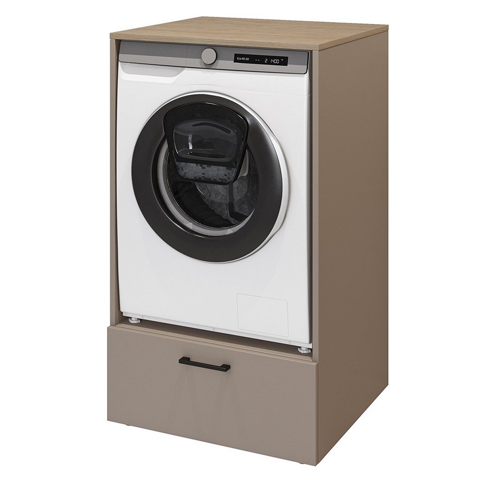 Lomadox Waschmaschinenumbauschrank RISAN-83 beige greige Eiche Dekor 67 cm breit Schublade Metallgriff modern
