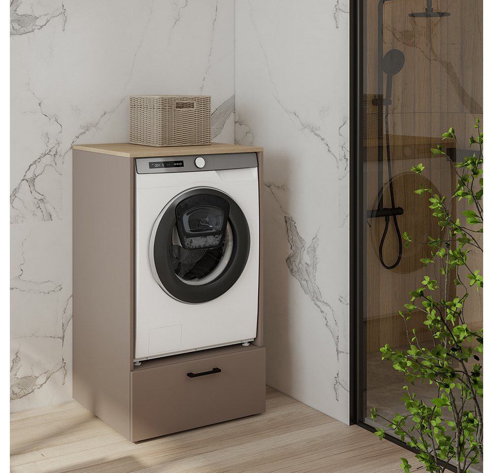 Lomadox Waschmaschinenumbauschrank RISAN-83 beige greige Eiche Dekor 67 cm breit Schublade Metallgriff modern Bild 5