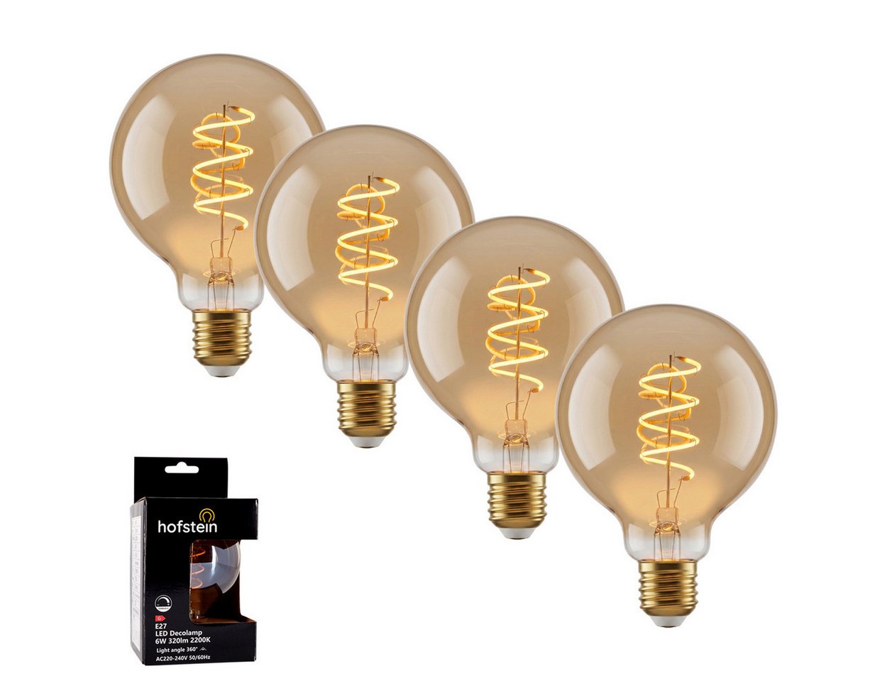 hofstein LED-Leuchtmittel 4er Set Glühbirne Extra Warmweiß dimmbar 6 Watt, E27, 2200 Kelvin, 320 Lumen, Globe Vintage, Filament Spirale, Amber Bild 4