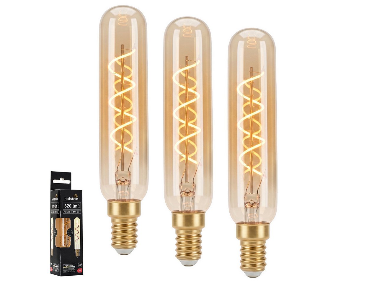 hofstein LED-Leuchtmittel 3er Set Glühbirne Warmweiß dimmbar 4 Watt, E14, 2700 Kelvin, 320 Lumen, Röhre Vintage, Filament Spirale, Amber Bild 5