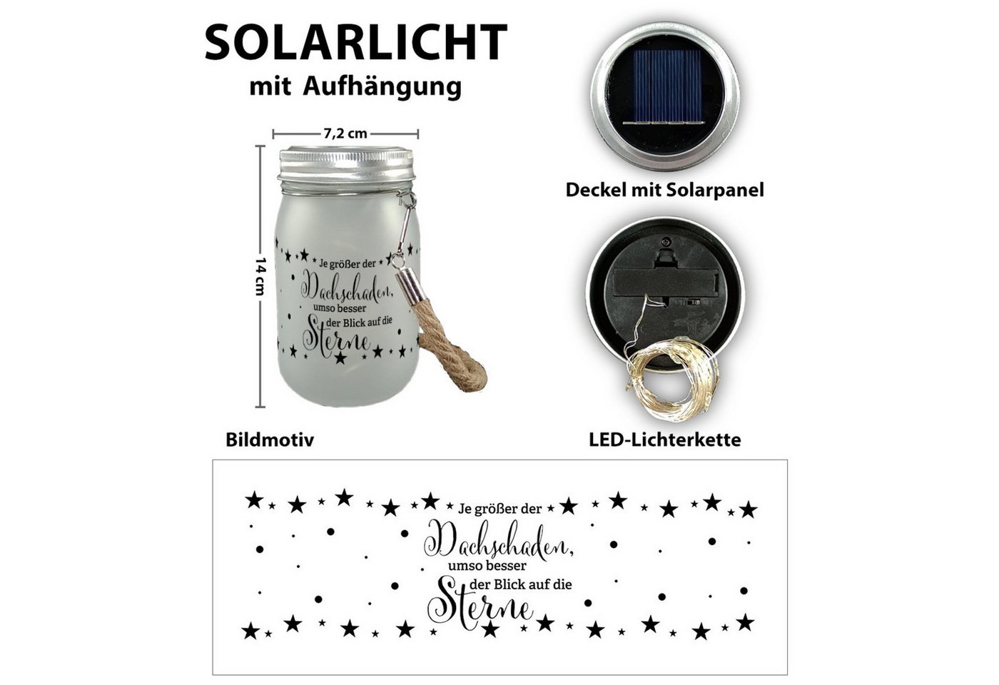 speecheese Dekolicht Sterne Solarlicht mit Spruch Je größer der Dachschaden Bild 2