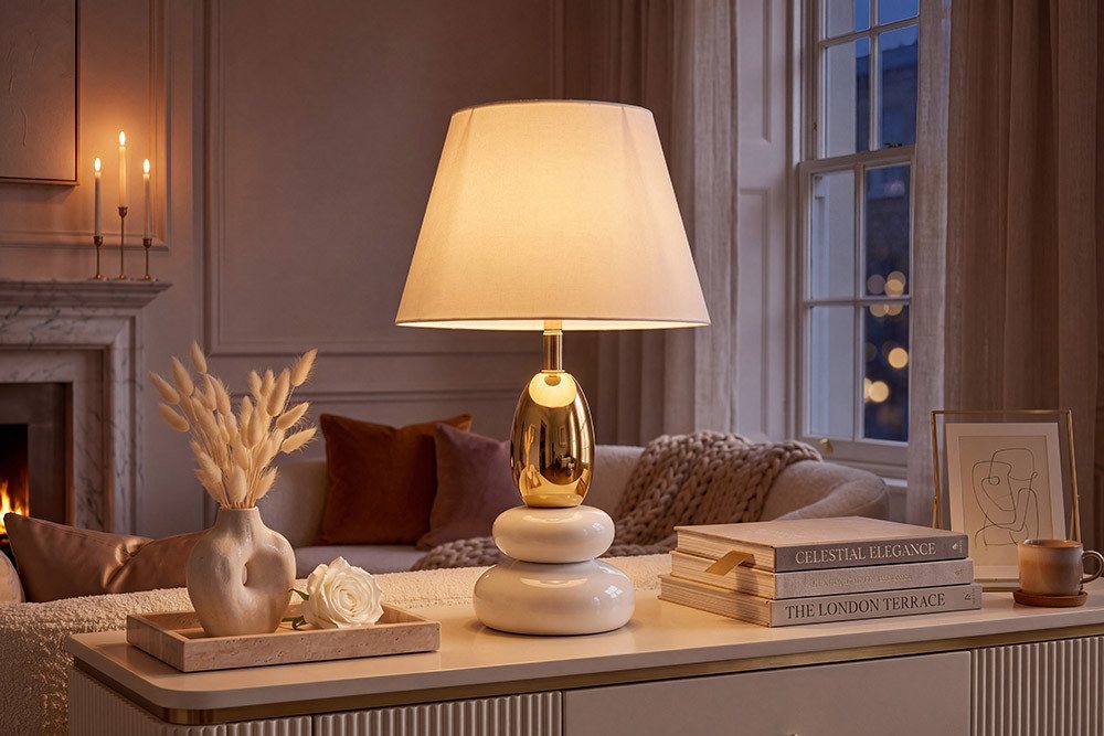 riess-ambiente Tischleuchte STONES OF ZEN 45cm weiß/gold - Stoffschirm, Kunststein, rund, Ein-/Ausschalter, ohne Leuchtmittel, mit dekorativem Steindesign – ideal für Wohnzimmer & Schlafzimmer Bild 3