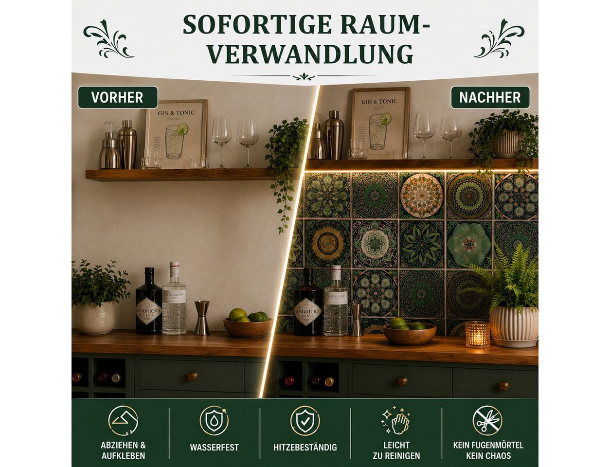 BlingBin Fliesenaufkleber 24 St Küchenfliesen Selbstklebend Marokkanischer Stil PVC Wasserdicht (24 Stück, 24 St., 15x15cm), ölabweisend für Küche,Schrank,Möbel,Tisch,Badezimmer,Trepp Retro Bild 5