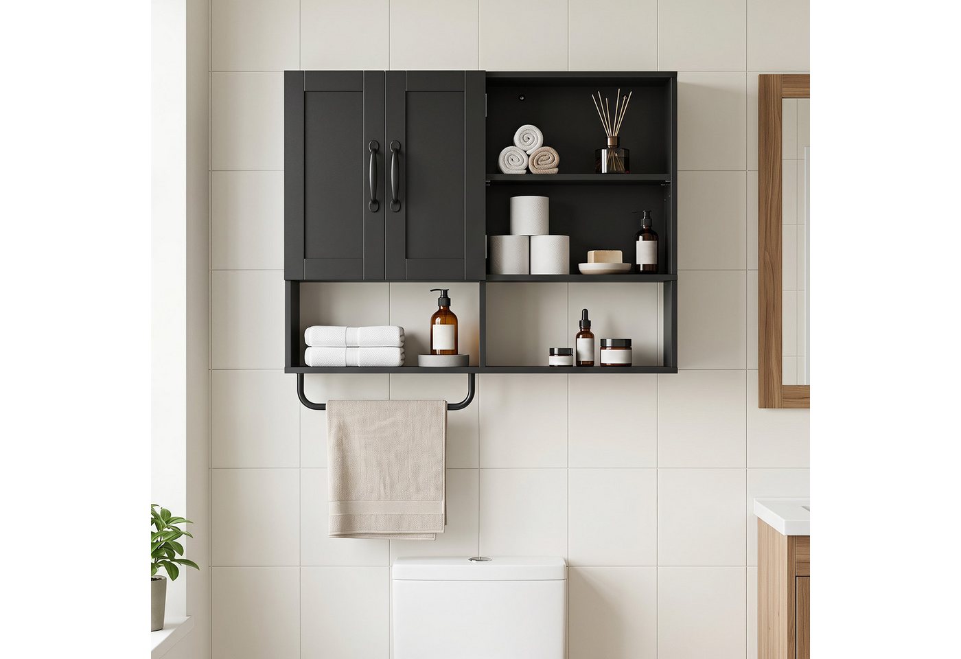 COSTWAY Hängeschrank Badezimmerschrank mit Handtuchhalter, Fächern Wandschrank Holz