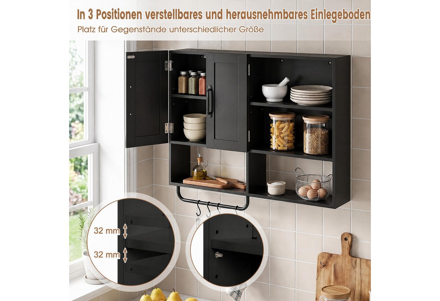 COSTWAY Hängeschrank Badezimmerschrank mit Handtuchhalter, Fächern Wandschrank Holz Bild 3