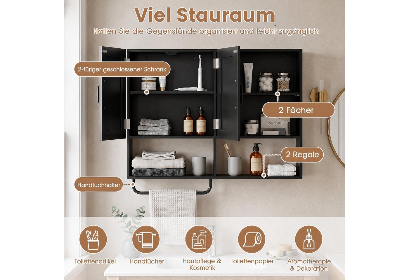 COSTWAY Hängeschrank Badezimmerschrank mit Handtuchhalter, Fächern Wandschrank Holz Bild 5
