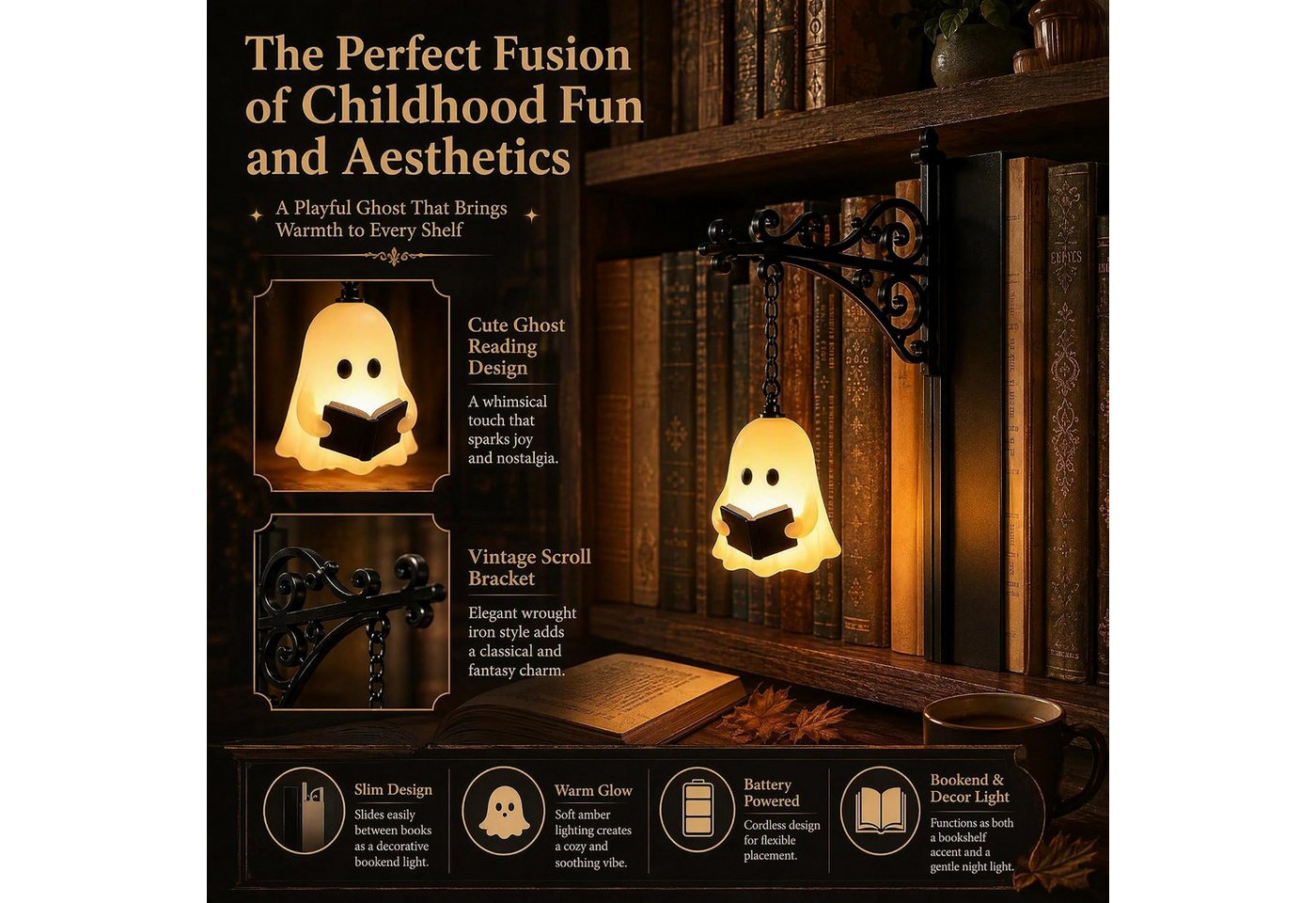 FELIXLEO Wandleuchte Bücherregal Lampe Halloween Deko Geist Bookshelf Lantern