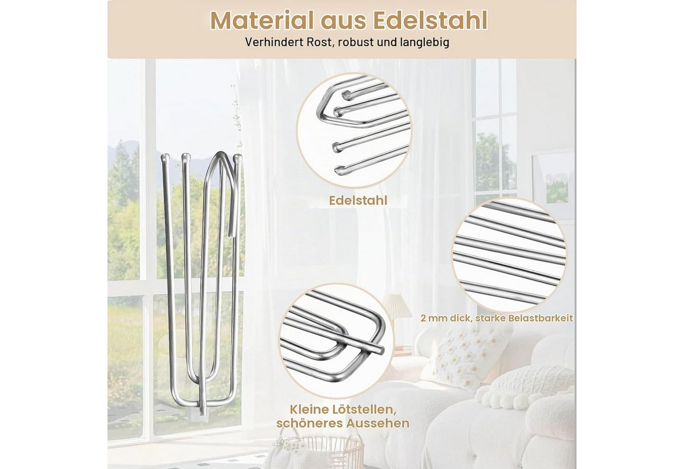 FELIXLEO Gardinenring 90 Stück Edelstahl Gardinenhaken Metall Vorhanghaken 4 Zinken, (1-St) Bild 2