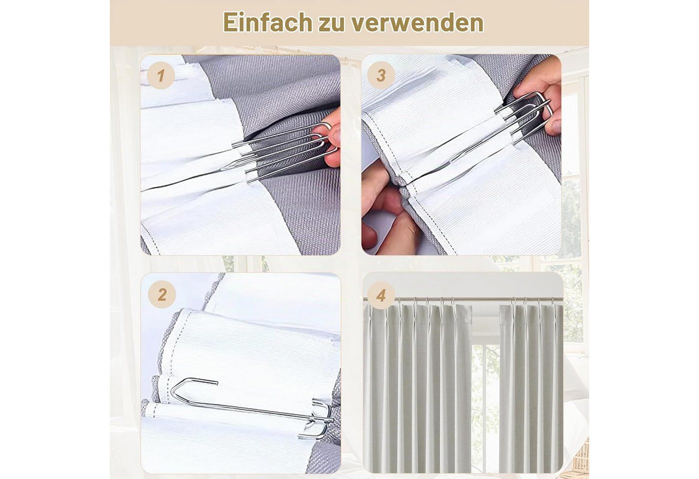 FELIXLEO Gardinenring 90 Stück Edelstahl Gardinenhaken Metall Vorhanghaken 4 Zinken, (1-St) Bild 5