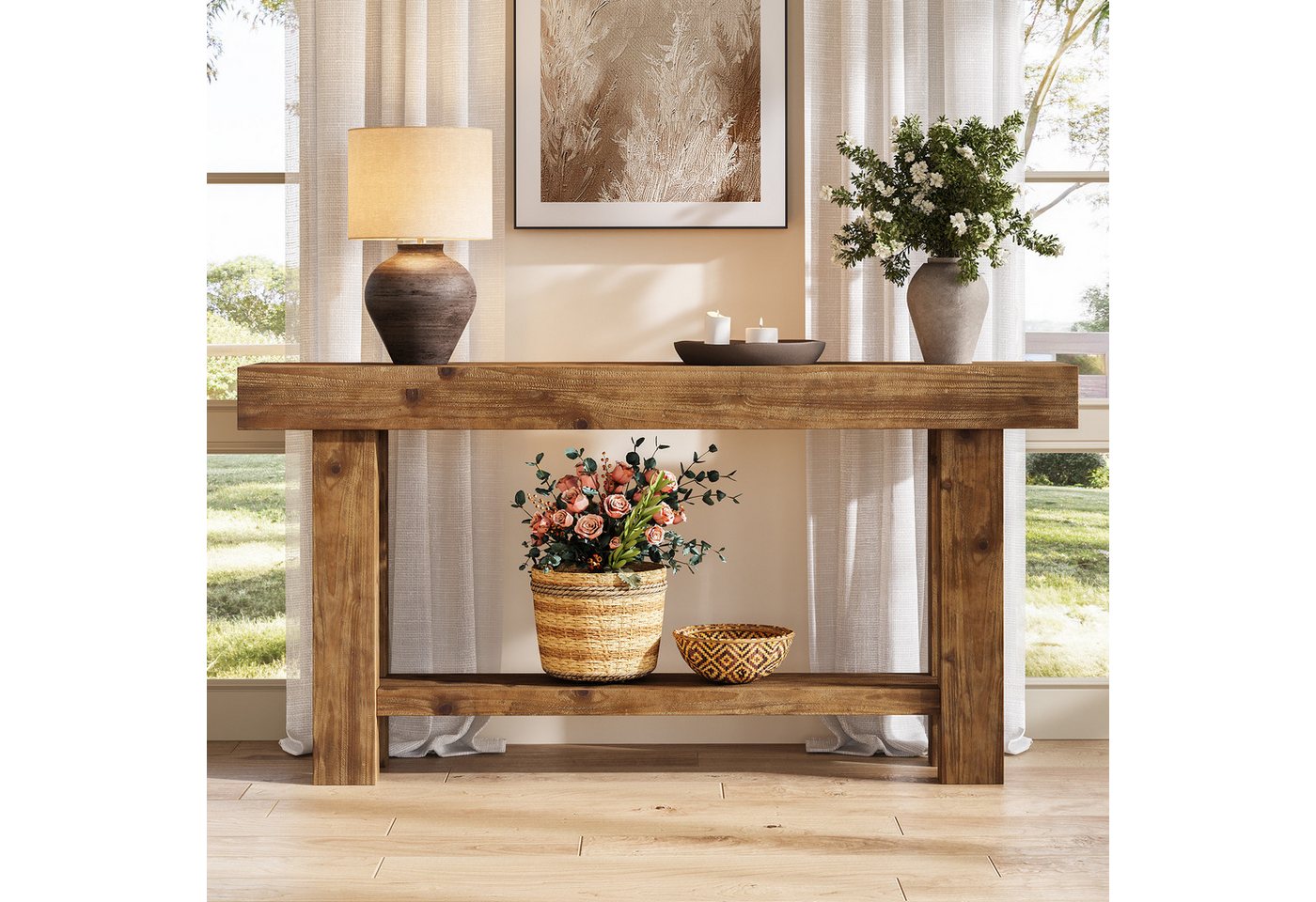 Tribesigns Bücherregal Massivholz Konsolentisch 160 cm, Schmaler Flurtisch mit Stauraum