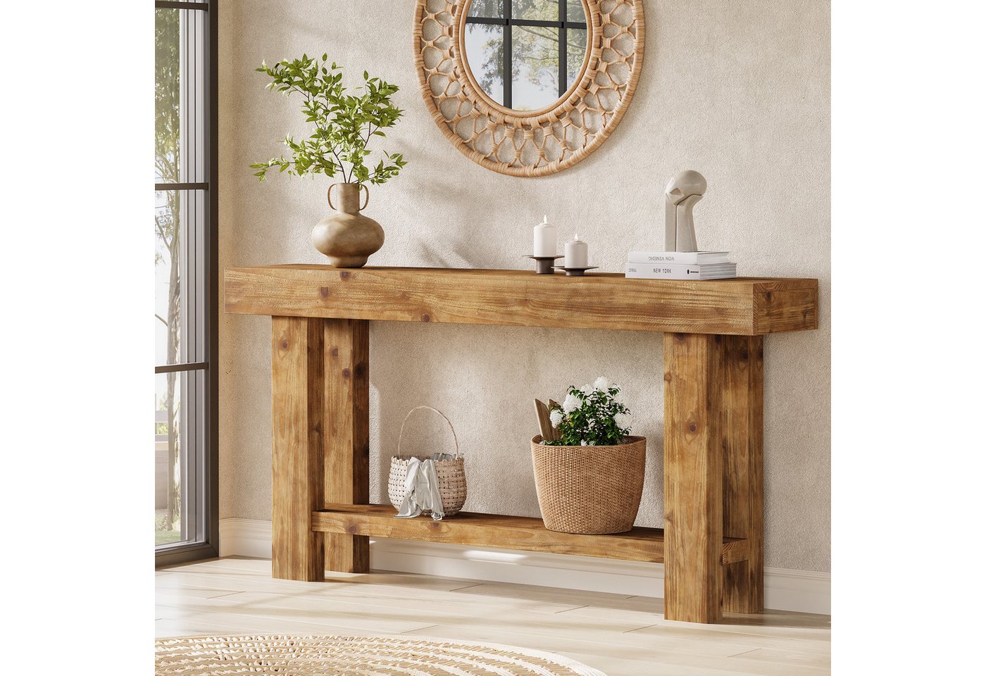 Tribesigns Bücherregal Massivholz Konsolentisch 160 cm, Schmaler Flurtisch mit Stauraum Bild 4