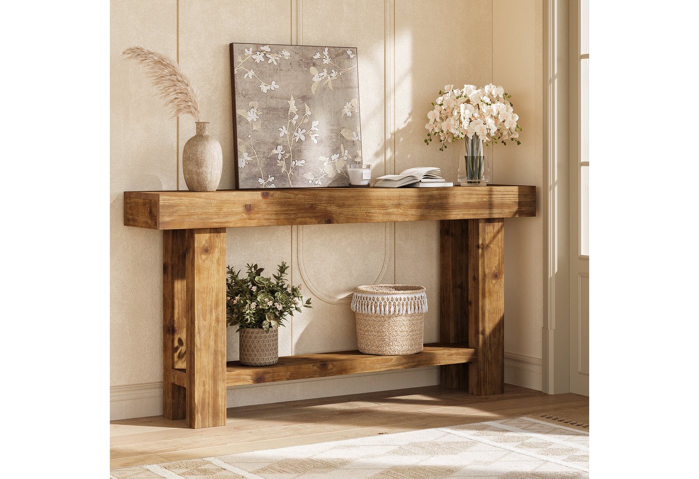 Tribesigns Bücherregal Massivholz Konsolentisch 160 cm, Schmaler Flurtisch mit Stauraum Bild 5