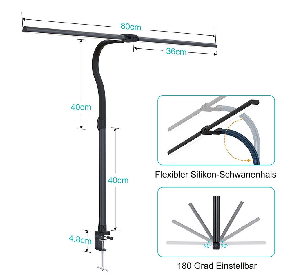 Lapamax LED Schreibtischlampe Schreibtischlampe LED Dimmbar Doppelkopf Klemmbar mit Fernbedienung, 24W, 80CM, 5 Farben und 5 Helligkeitsstufen, Augenschutz Monitor Lampe Tageslichtlampe Leser Architekenden Büro