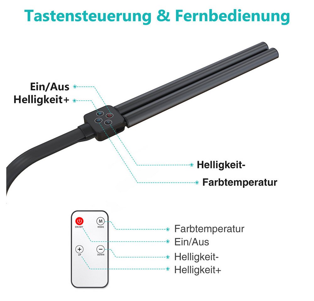 Lapamax LED Schreibtischlampe Schreibtischlampe LED Dimmbar Doppelkopf Klemmbar mit Fernbedienung, 24W, 80CM, 5 Farben und 5 Helligkeitsstufen, Augenschutz Monitor Lampe Tageslichtlampe Leser Architekenden Büro Bild 2